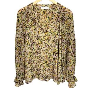ALL IN FAVOR Women's L Yellow Purple Floral Pintuck Ruffle Cuff Blouse
